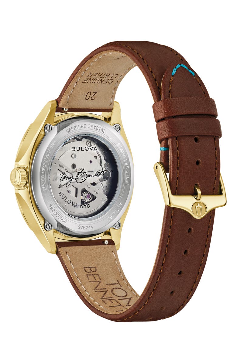BULOVA Tony Bennett NYC Automatic Leather Strap Watch, 39mm, Alternate, color, 