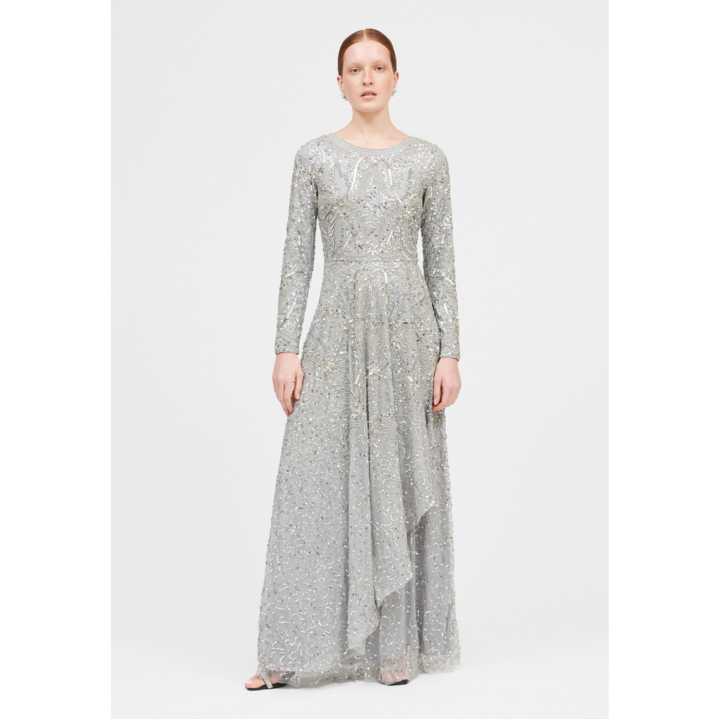 MARYISA MARYISA OCCASION MODEST EMBELLISHED SEQUIN BEADED FLORAL OVERLAP EVENING GOWN