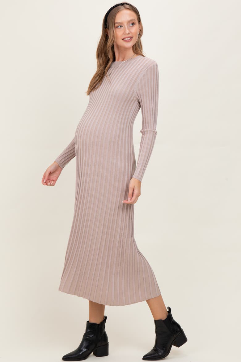 Ribbed Long Sleeve Sweater Midi Dress, Alternate, color, Beige