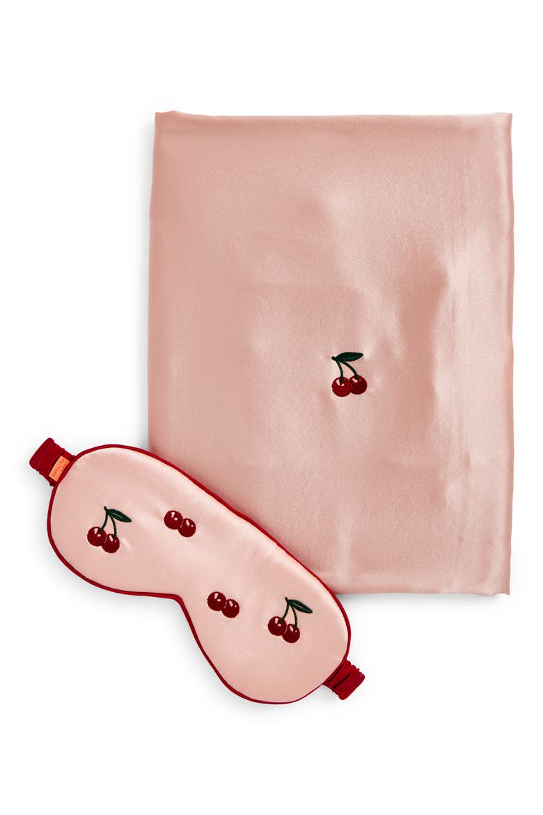 Embroidered Satin Pillowcase & Sleep Mask Set, Main, color, PINK CHERRIES