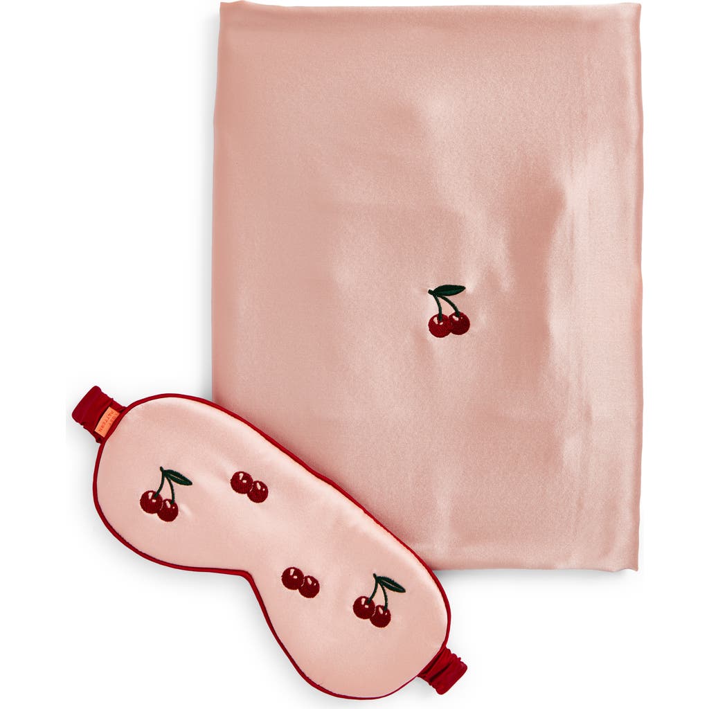 Lost Pattern Embroidered Satin Pillowcase & Sleep Mask Set In Pink