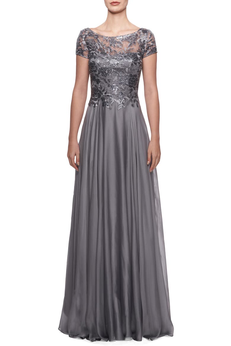 Floral Lace & Satin Gown, Main, color, PLATINUM