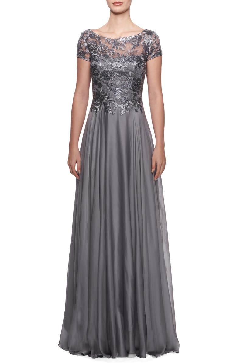 La Femme Floral Lace & Satin Gown, Main, color,