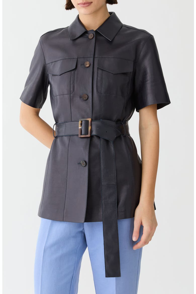 Belted Short Sleeve Lambskin Leather Jacket, Alternate, color, INK