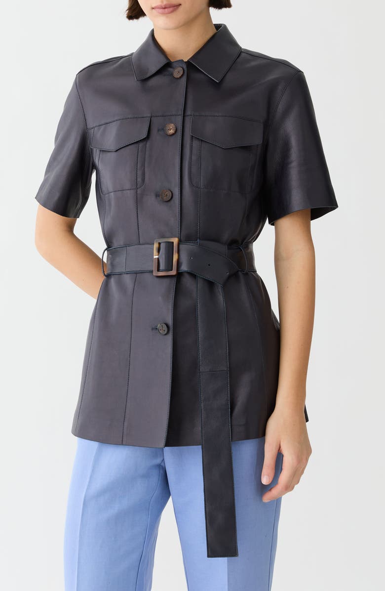 Lafayette 148 New York Belted Short Sleeve Lambskin Leather Jacket, Alternate, color, Ink