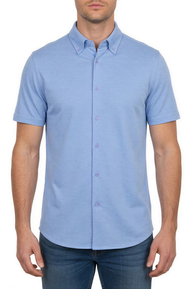 Short Sleeve Knit Button-Down Shirt, Main, color, LIGHT BLUE