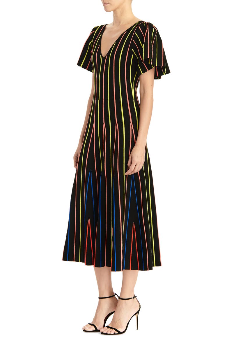 Flutter Sleeve Fit & Flare Midi Dress, Alternate, color, BLACK MULTI