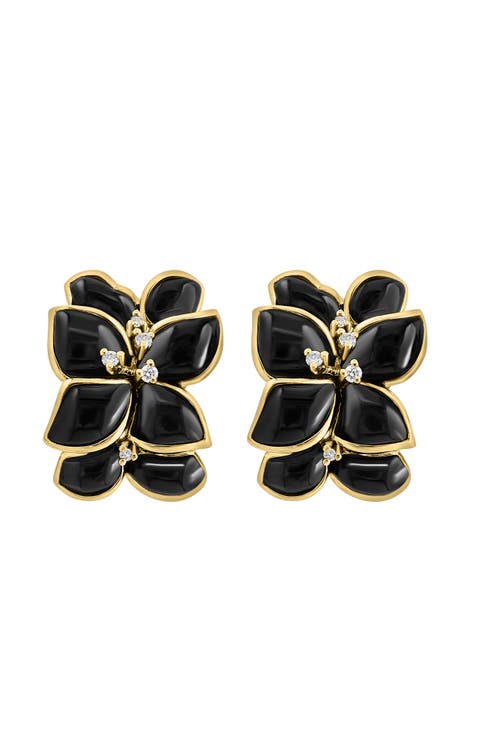 14K Yellow Gold Diamond Onyx Blossom Earrings