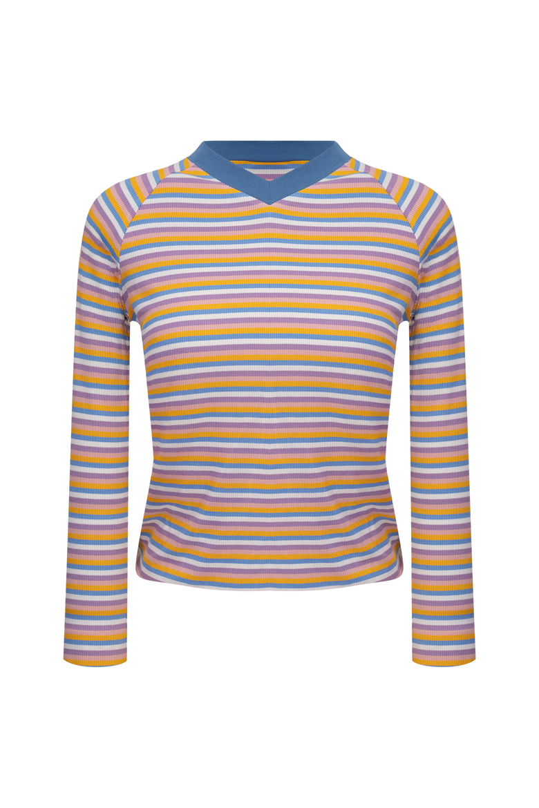 Striped Rib Knit Raglan Long Sleeve V-Neck Tee, Main, color, Light Chambray