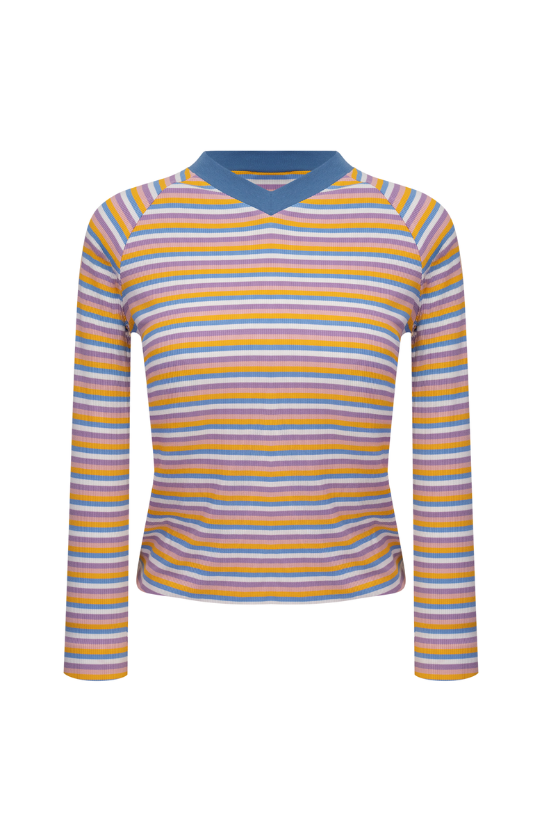 MiuMax Striped Rib Knit Raglan Long Sleeve V-Neck Tee, Main, color, Light Chambray