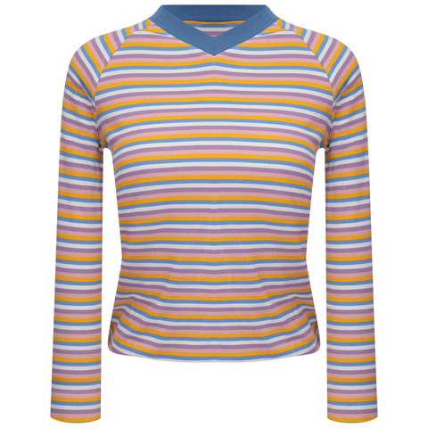 Striped Rib Knit Raglan Long Sleeve V-Neck Tee