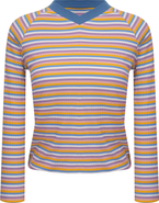 MiuMax Striped Rib Knit Raglan Long Sleeve V-Neck Tee