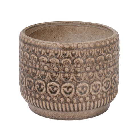 Embossed Stoneware Planter with Reactive Glaze