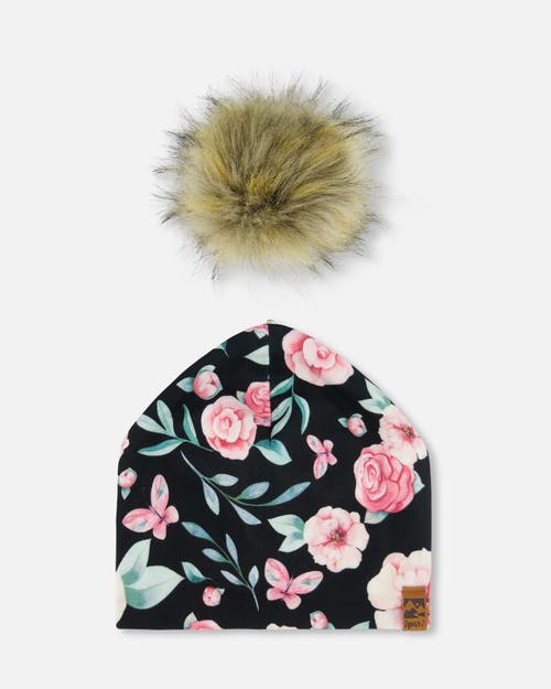 Deux Par Deux Girl's Printed Jersey Detachable Pompom Hat Pink, Black, And Flowers In Pink, Black, And Flowers
