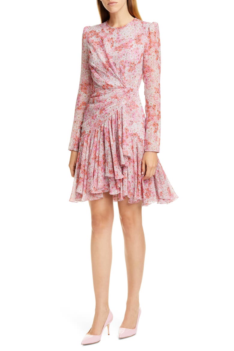 Rose Print Long Sleeve Silk Dress, Main, color, ROSE-FLEURS