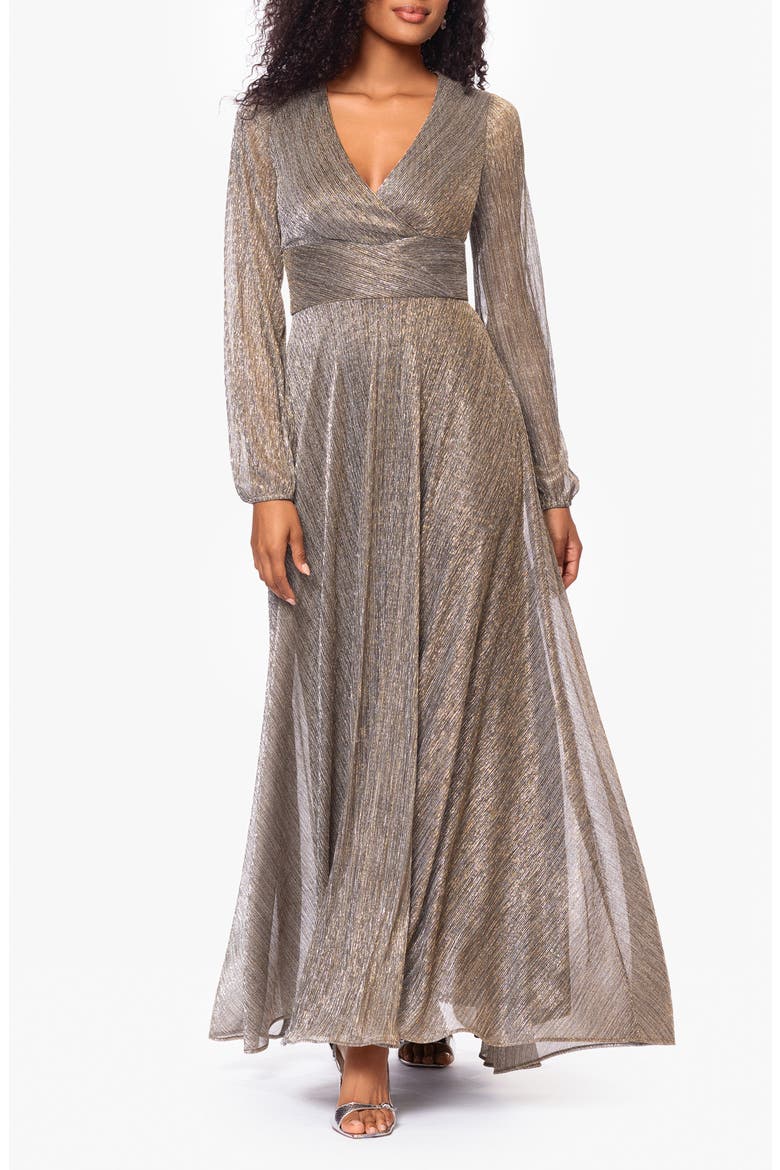 Long Sleeve Metallic Knit Gown, Main, color, MOCHA/ GOLD