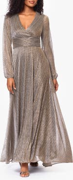 Betsy & Adam Long Sleeve Metallic Knit Gown