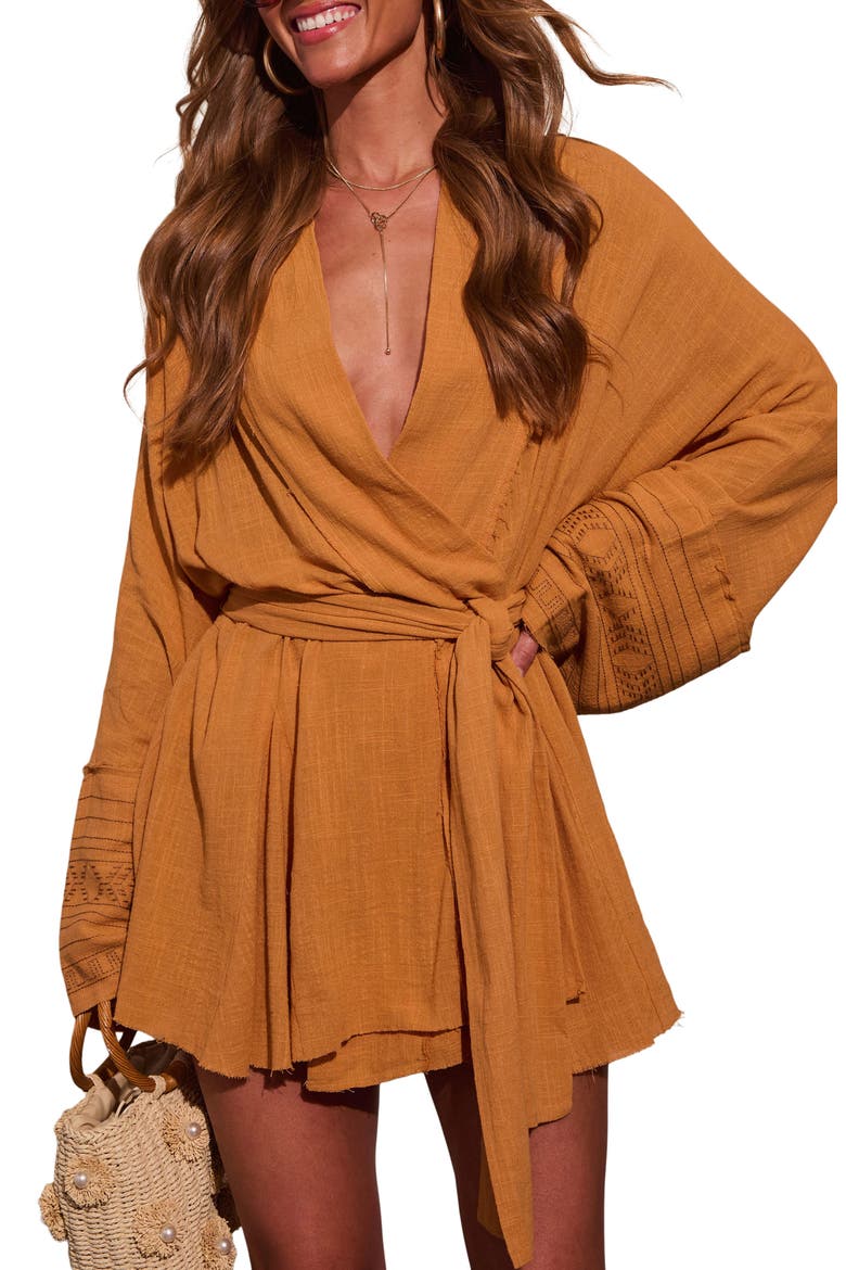 Monaco Mood Stretch Cotton Faux Wrap Top, Alternate, color, MUSTARD
