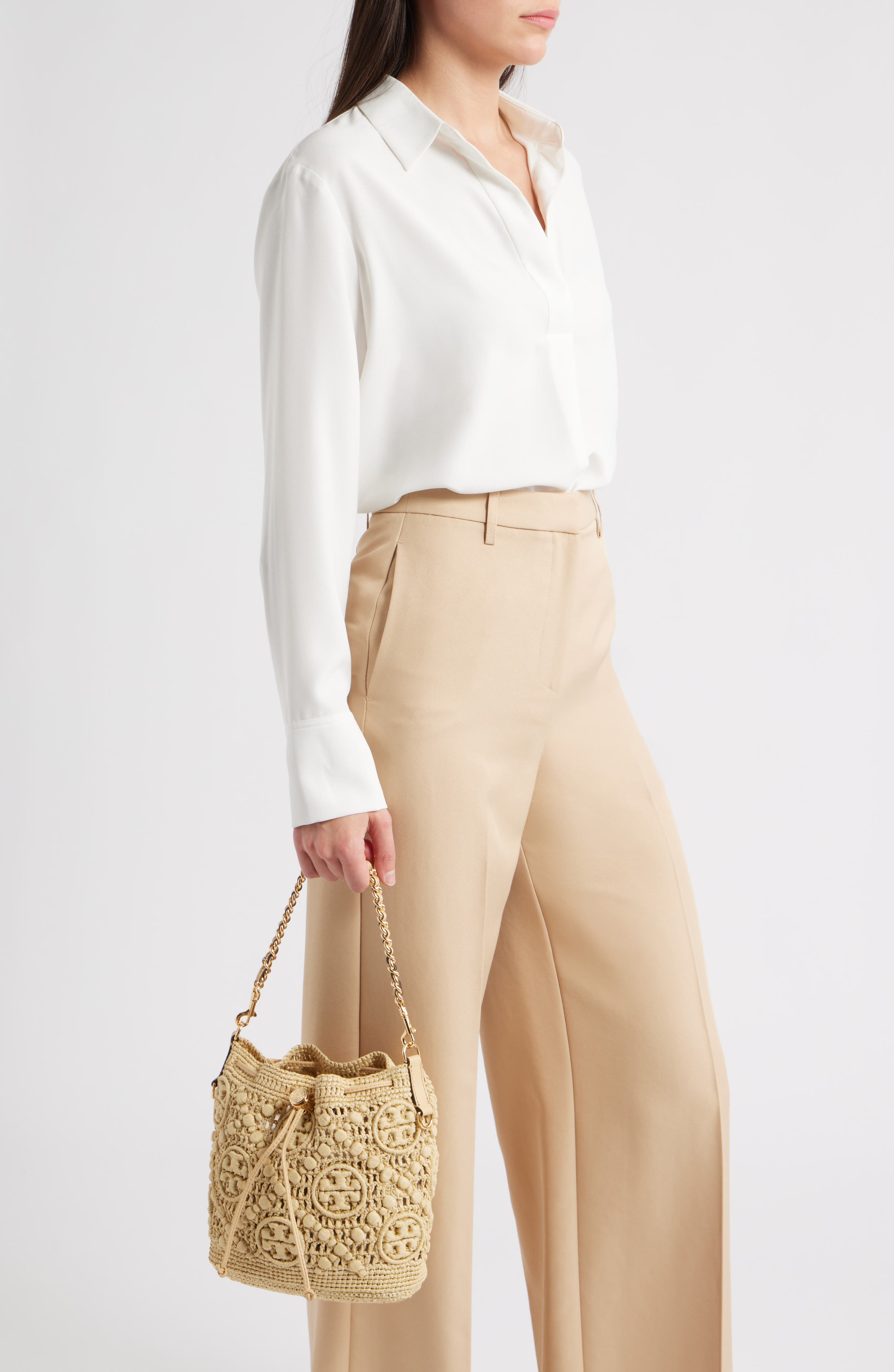 T Monogram Raffia Bucket Bag, Alternate, color, NATURAL