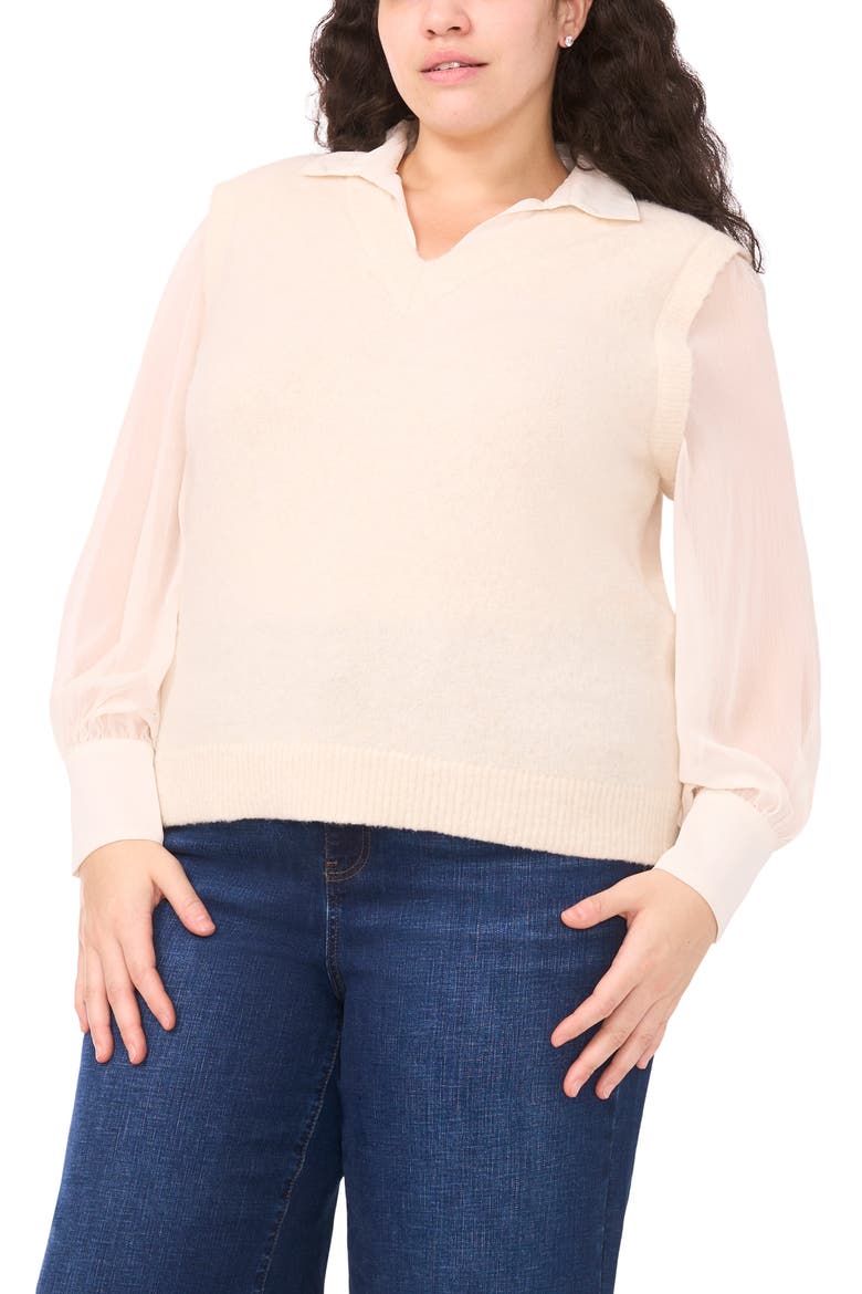 Mixed Media Long Sleeve Sweater, Main, color, BIRCH