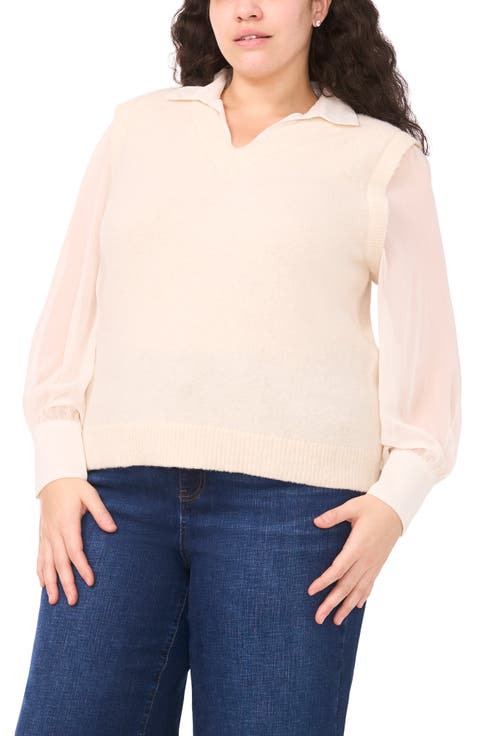 Mixed Media Long Sleeve Sweater (Plus)