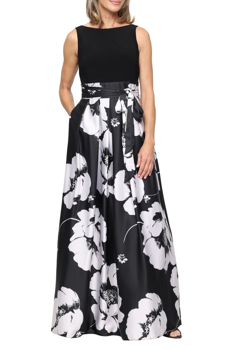 Mixed Media Floral Sleeveless Gown, Main, color, BLACK IVORY
