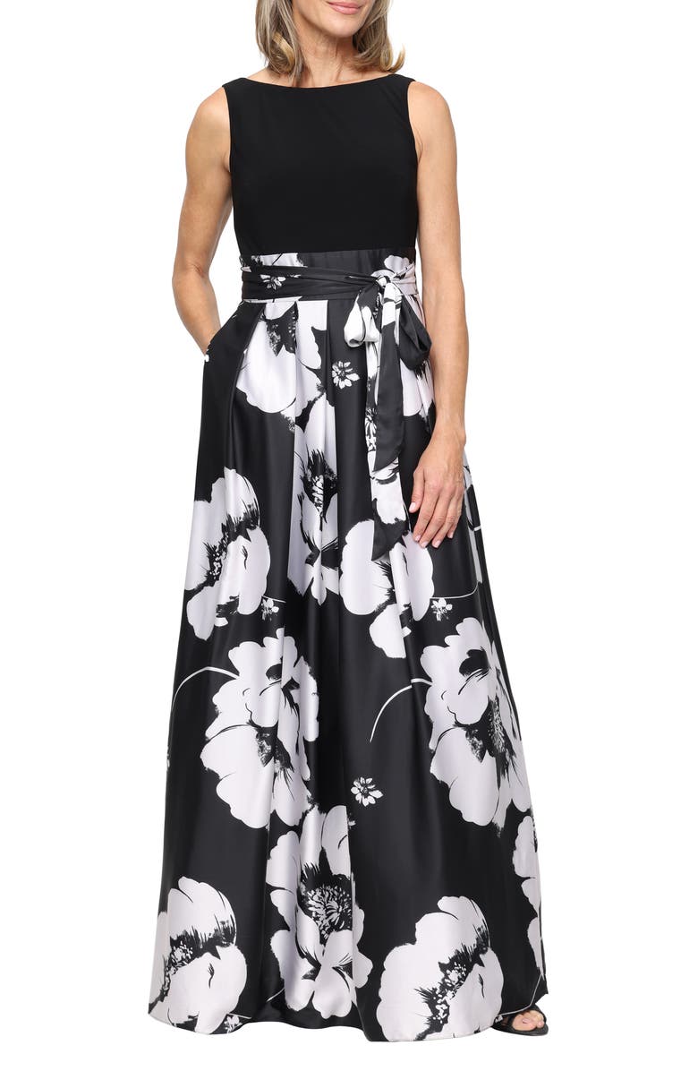 SL FASHIONS Mixed Media Floral Sleeveless Gown, Main, color, Black Ivory