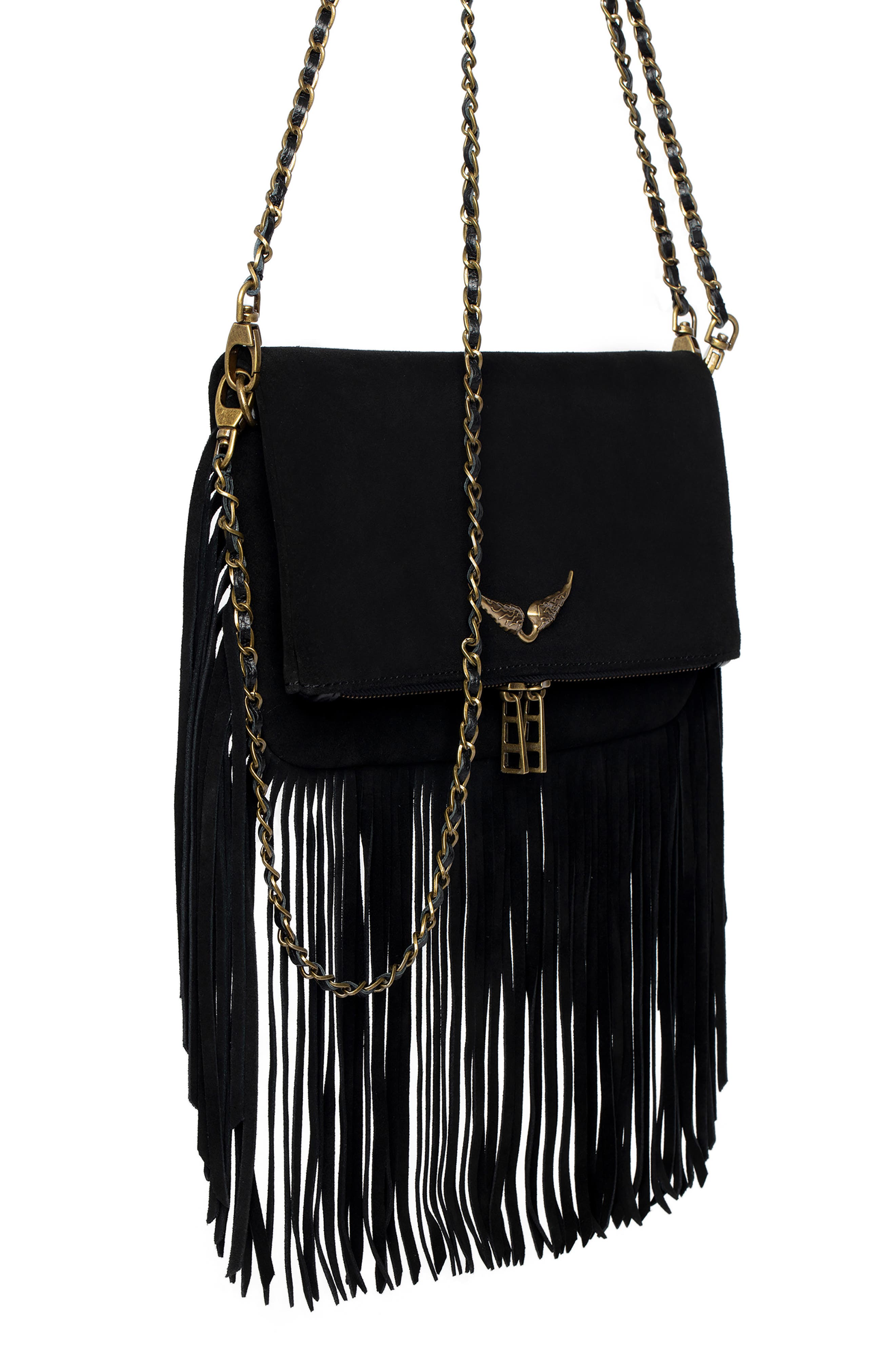 Zadig & Voltaire Rock Suede Fringe Crossbody Bag, Alternate, color, 