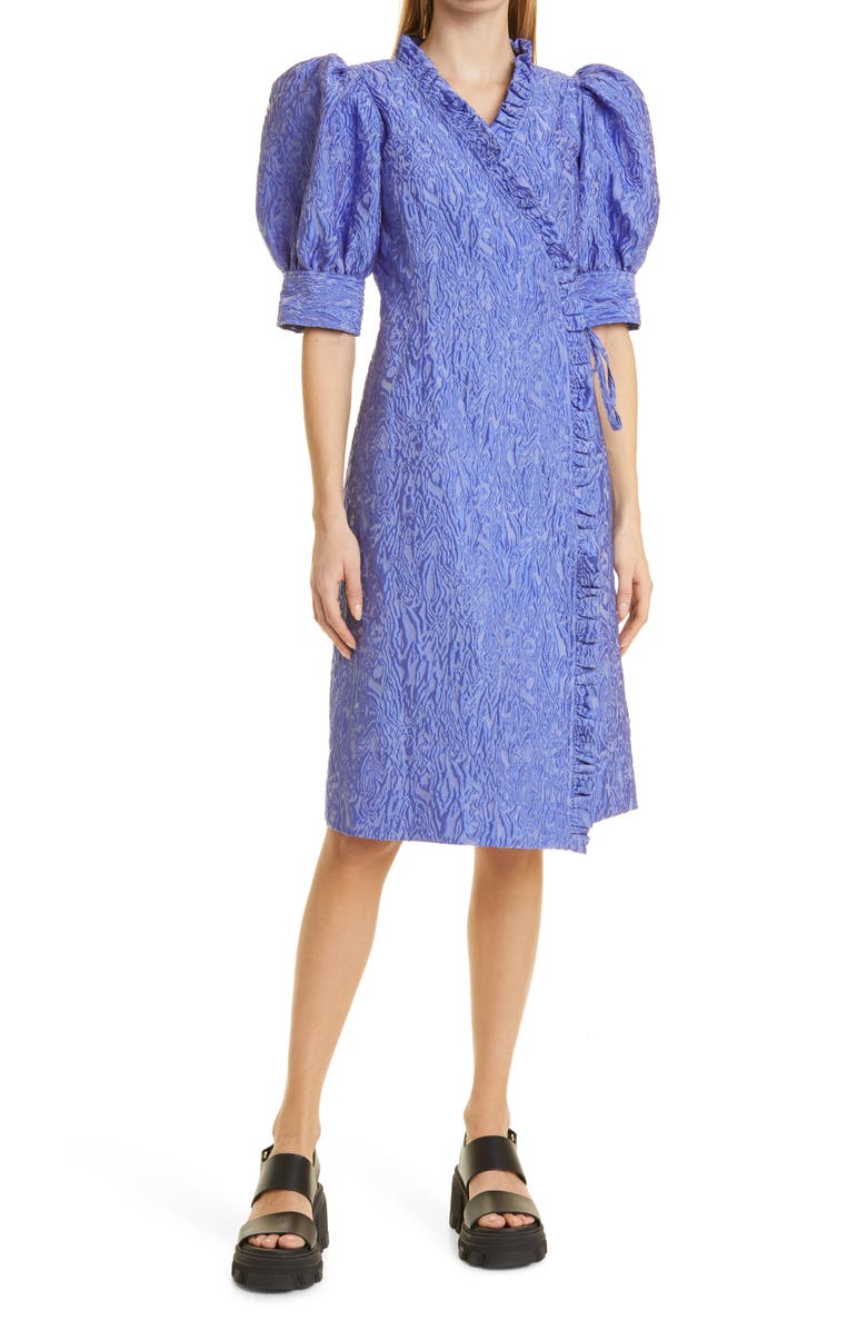 Ganni Ruffle 3D Jacquard Wrap Dress, Main, color, 