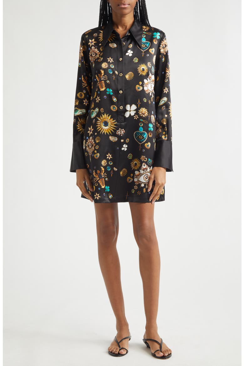 Amulets & Alchemy Print Long Sleeve Silk Satin Shirtdress, Main, color, AMULETS AND ALCHEMY