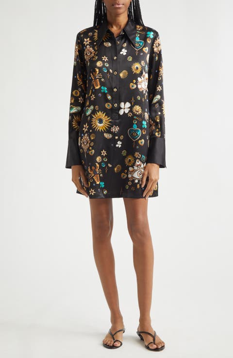 Amulets & Alchemy Print Long Sleeve Silk Satin Shirtdress