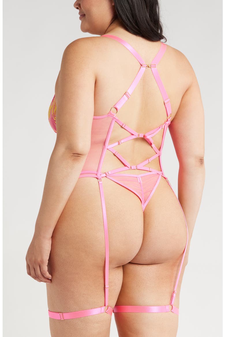 Embroidered Mesh Underwire Bustier with Garter Straps & Thong Set, Alternate, color, NEON PINK