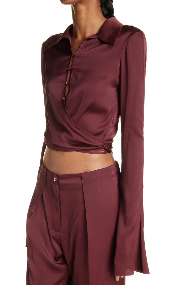 Acne Studios Teba Crop Stretch Satin Wrap Blouse, Alternate, color,