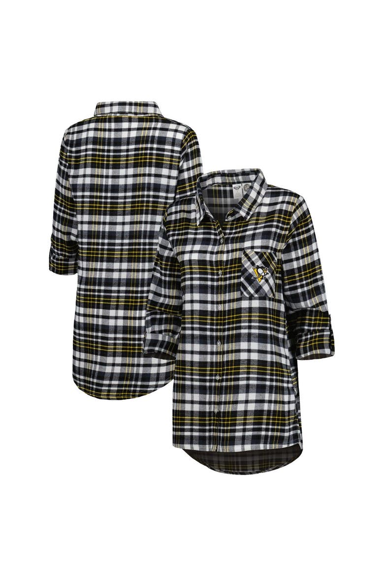 Women's Concepts Sport Black Pittsburgh Penguins Mainstay Flannel Full-Button Long Sleeve Nightshirt, Main, color, Black