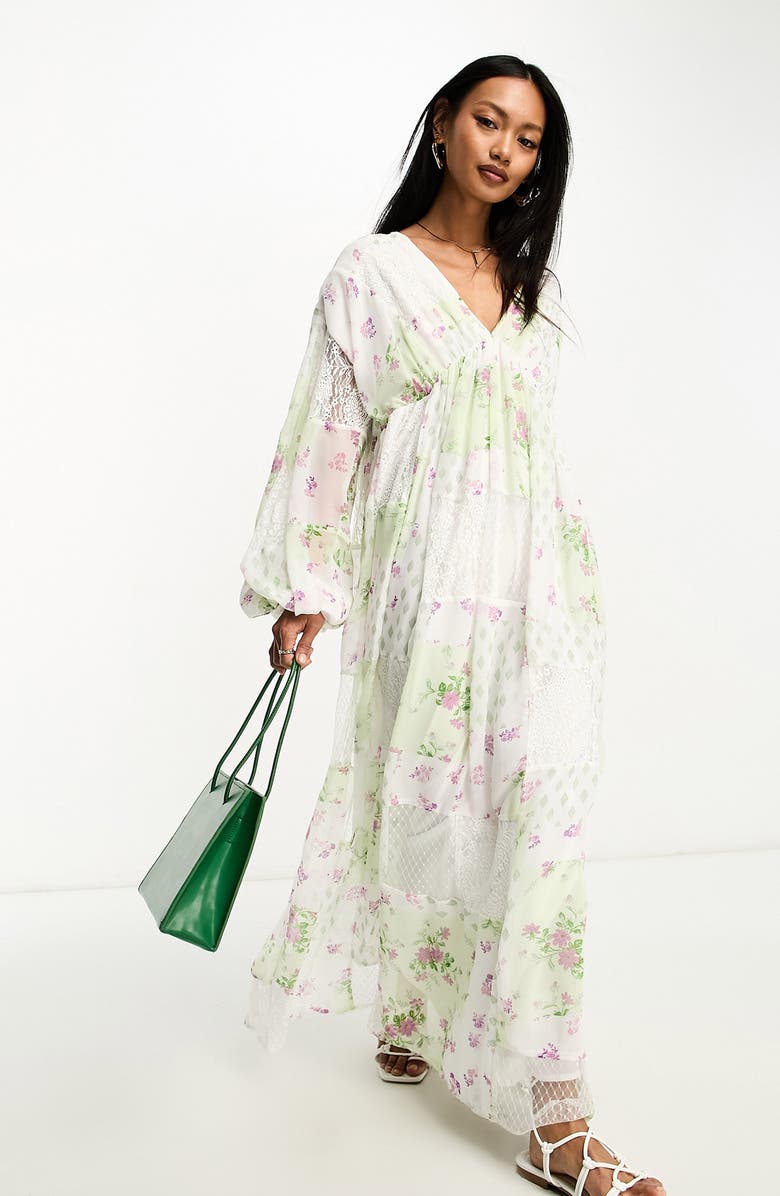 ASOS DESIGN Floral & Lace Patchwork Long Sleeve Trapeze Maxi Dress |  Nordstrom