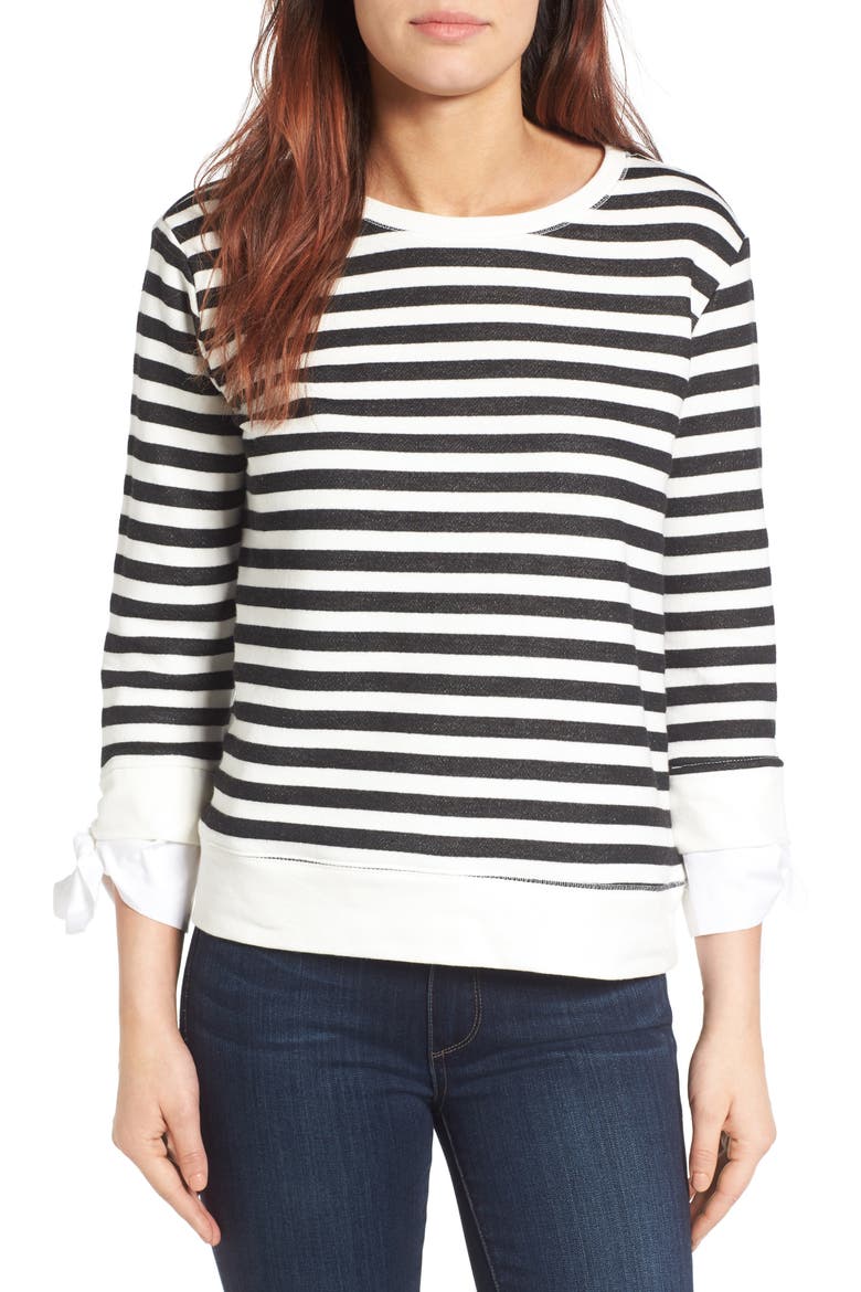 Gibson Tie Sleeve Sweatshirt, Main, color, BLACK/ WHITE STRIPE
