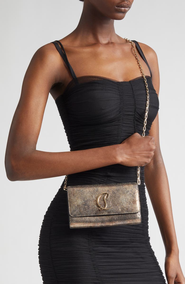 Christian Louboutin Loubi54 Sirene Snakeskin Embossed Metallic Leather Wallet on Chain, Alternate, color, Metal/ Gold