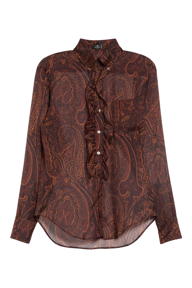 Ruffle Placket Paisley Silk Shirt, Alternate, color, PRINTED BORDEAUX BASE