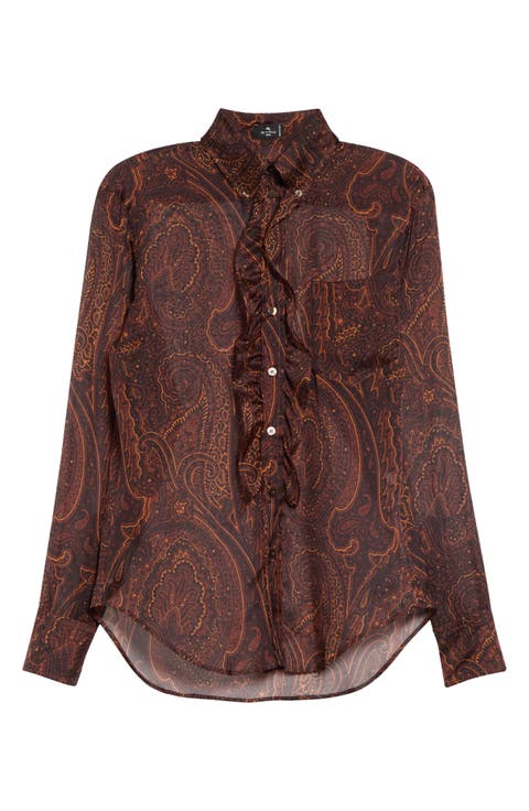 Ruffle Placket Paisley Silk Shirt