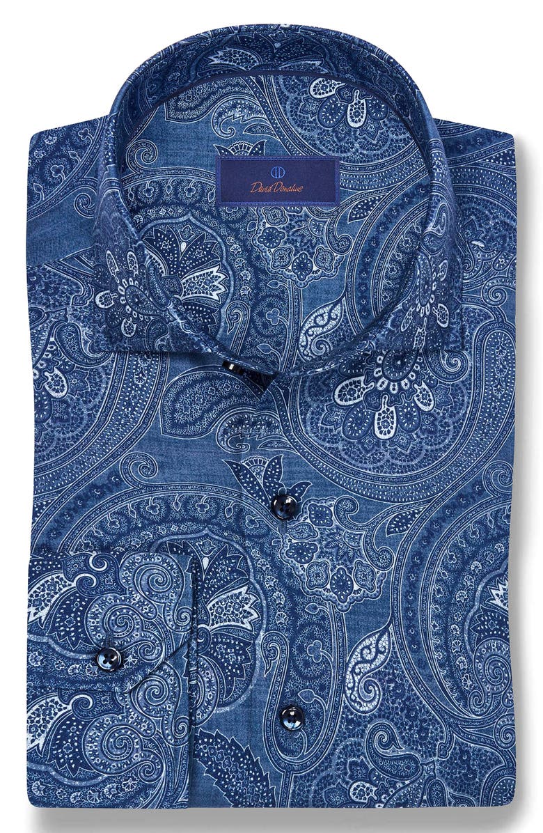 David Donahue Paisley Print Cotton Button-Up Shirt, Alternate, color, Navy