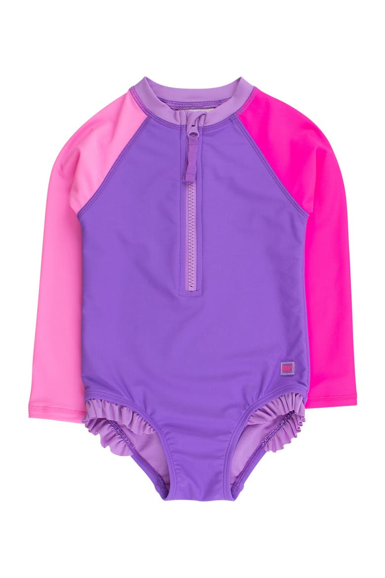 Girls Upf50+ Sun Protection Long Sleeve Rash Guard One Piece, Main, color, Neon Purple Color Block