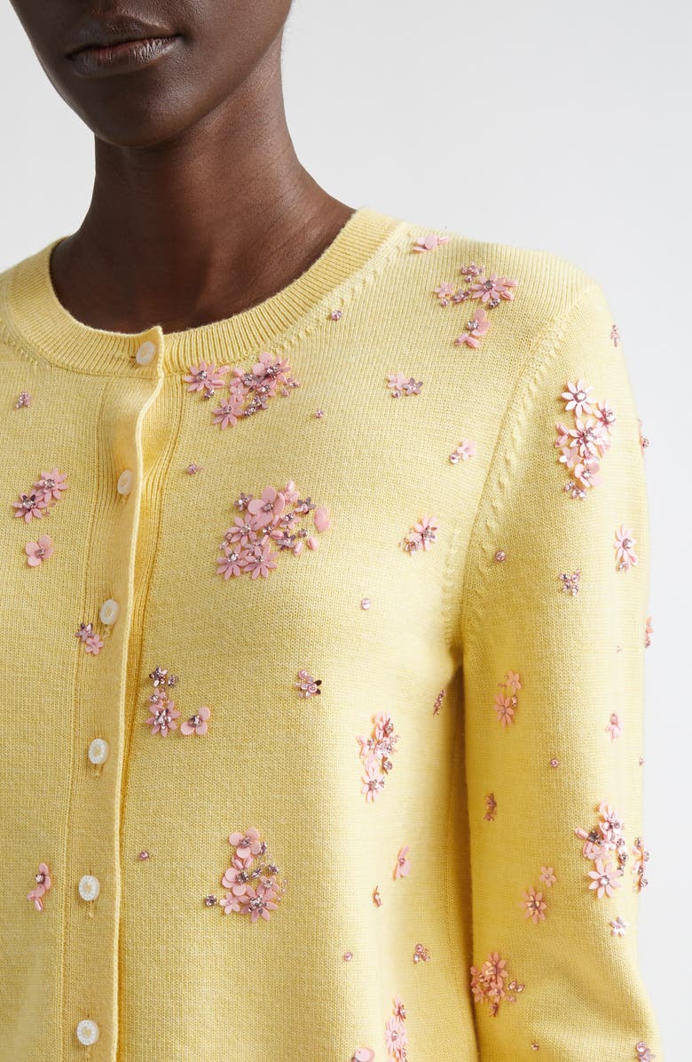 Oscar de la Renta Sequin & Crystal Embroidered Wool Cardigan, Alternate, color, Yellow/ Pink