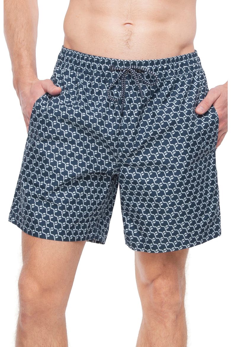 Men's 7" Compression Liner Swim Trunks with Back Zipper Pocket, UPF 50+, Alternate, color, Navy Print