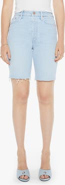 MOTHER The Rider Raw Hem High Waist Denim Bermuda Shorts