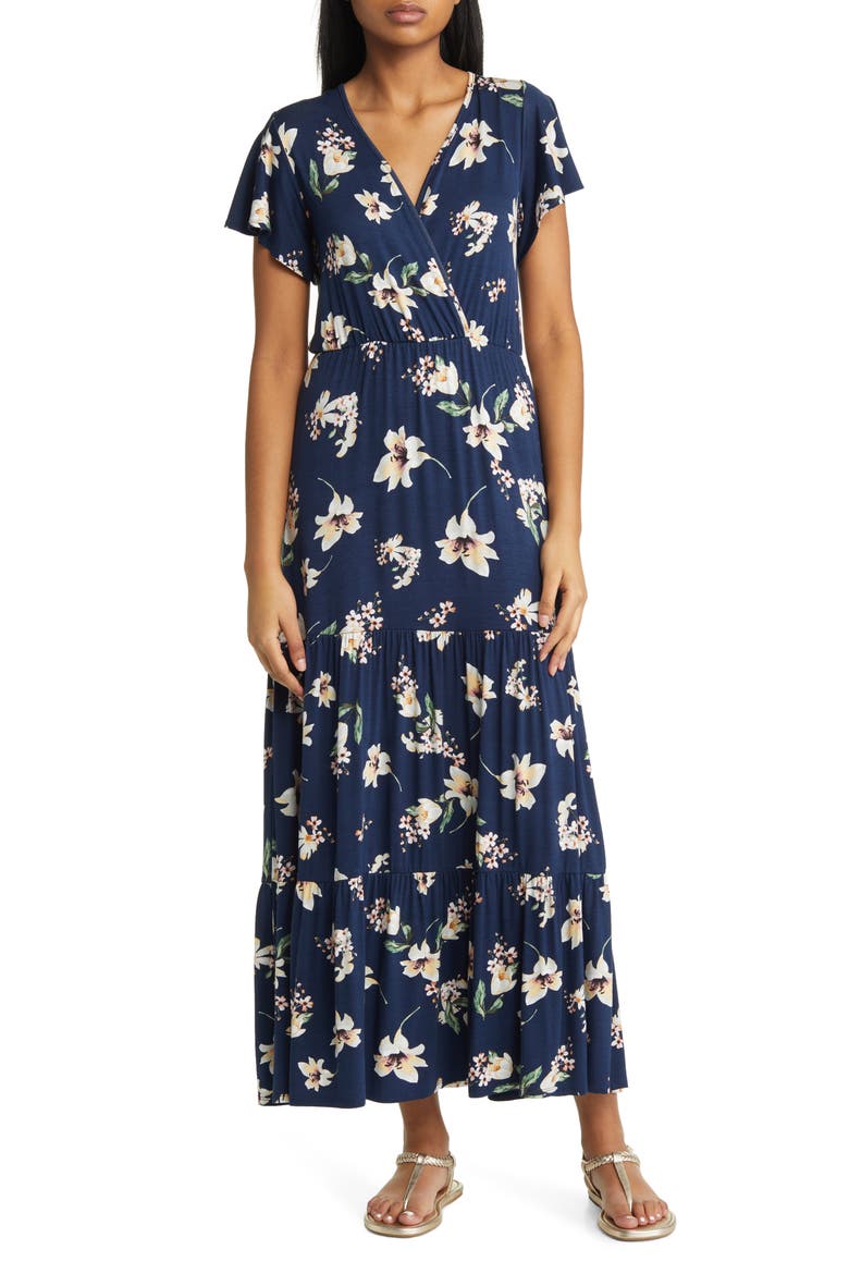 Floral Tiered Faux Wrap Knit Maxi Dress, Main, color, NAVY