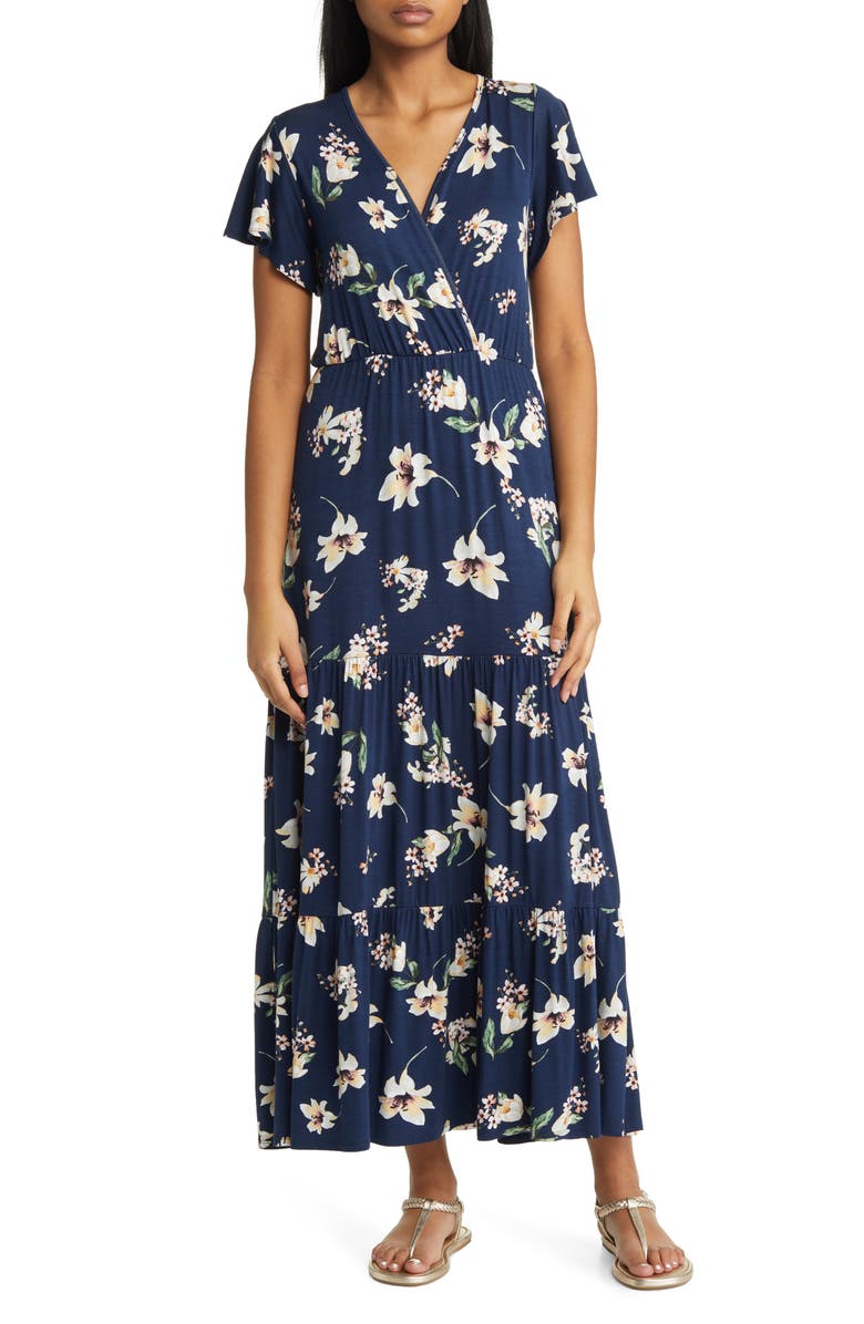 Loveappella Floral Tiered Faux Wrap Knit Maxi Dress, Main, color, Navy