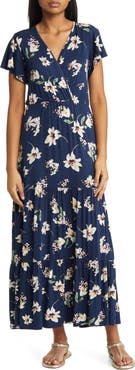 Loveappella Floral Tiered Faux Wrap Knit Maxi Dress