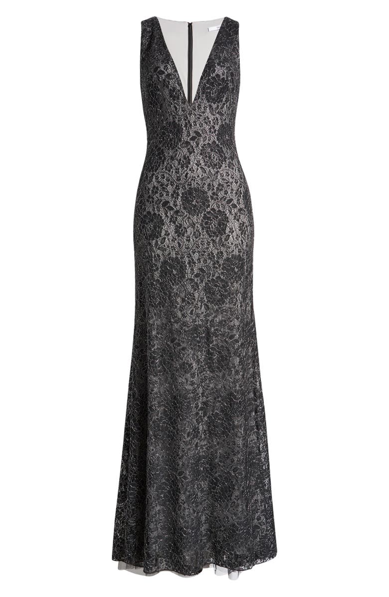 SHO by Tadashi Shoji Plunge Neck Metallic Lace Gown, Alternate, color, 