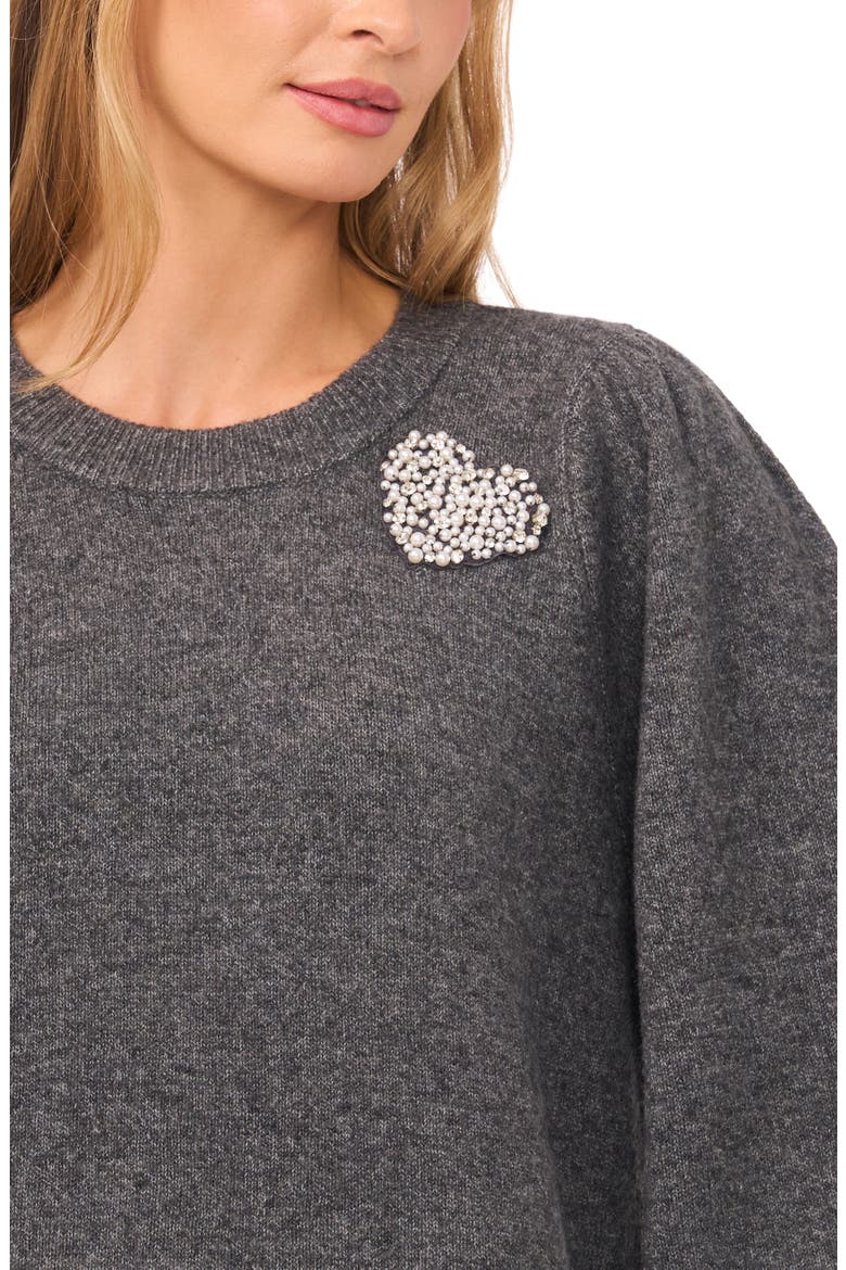 Faux Pearl Heart Embellished Crewneck Sweater, Alternate, color, MEDIUM HEATHER GREY