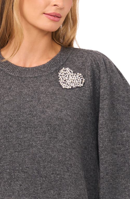 Cece Faux Pearl Heart Embellished Crewneck Sweater In Gray